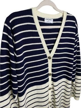 Vintage Alfred Dunner Nautical Striped Cardigan Navy Cream USA Made Womens Large